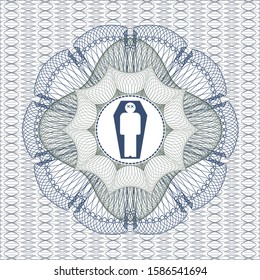 Blue and green passport rosette with dead man in his coffin icon inside
