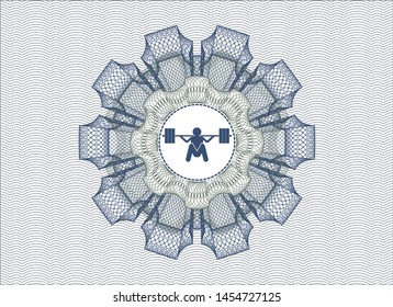 Blue and green passport rosette with deep squat icon inside