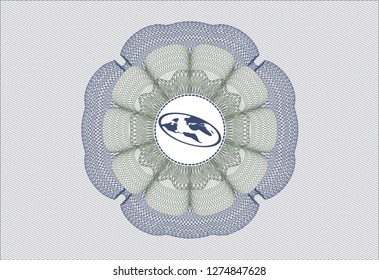 Blue and green passport rosette with flat earth icon inside