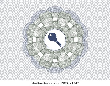 Blue and green passport rosette with key icon inside