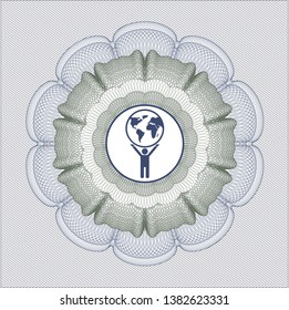 Blue and green passport rosette with man lifting world icon inside