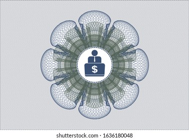 Blue and green passport rosette with man working on computer icon inside