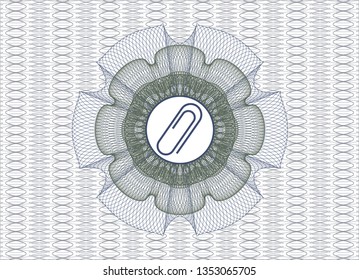 Blue and green passport rosette with paper clip icon inside