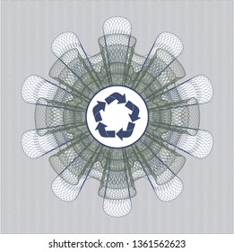 Blue and green passport rosette with recycle icon inside