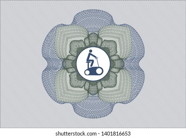 Blue and green passport rosette with stationary bike icon inside