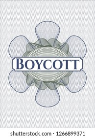 Blue and green passport rosette with text Boycott inside