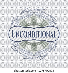 Blue and green passport rosette with text Unconditional inside