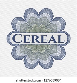 Blue and green passport rosette with text Cereal inside