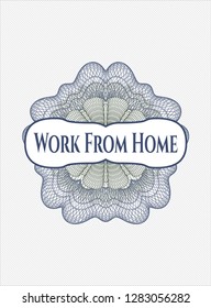Blue and green passport rosette with text Work From Home inside