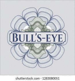Blue and green passport rosette with text Bull's-eye inside