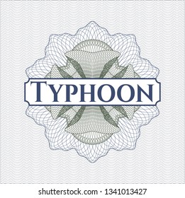 Blue and green passport rosette with text Typhoon inside