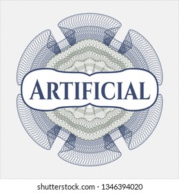 Blue and green passport rosette with text Artificial inside