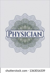 Blue and green passport rosette with text Physician inside