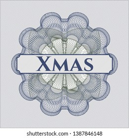 Blue and green passport rosette with text Xmas inside