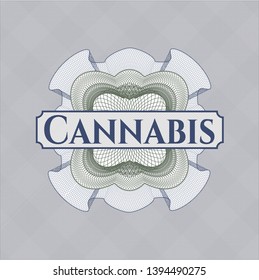 Blue and green passport rosette with text Cannabis inside