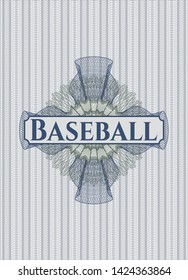 Blue and green passport rosette with text Baseball inside