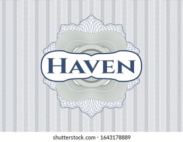 Blue and green passport rosette with text Haven inside