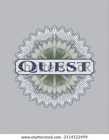 Blue and green passport rosette with text Quest inside