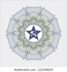 Blue and green passport rossete with communism icon inside