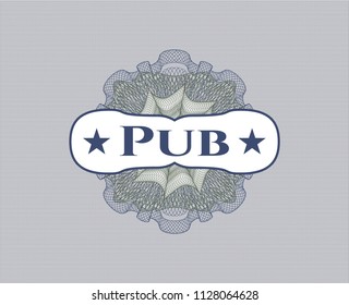 Blue and green passport rossete with text Pub inside