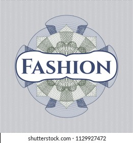 Blue and green passport rossete with text Fashion inside