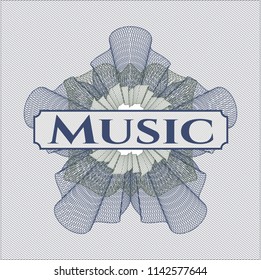 Blue and green passport rossete with text Music inside