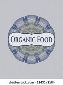 Blue and green passport rossete with text Organic Food inside