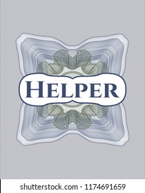 Blue and green passport rossete with text Helper inside