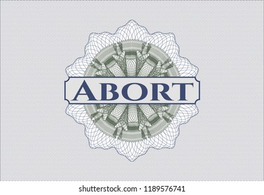 Blue and green passport rossete with text Abort inside