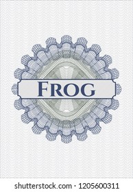 Blue and green passport rossete with text Frog inside