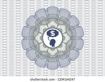 Blue and green passport rossete with thinking in money icon inside
