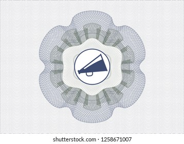 Blue and green passport style rosette with megaphone icon inside