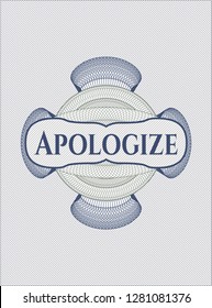 Blue and green passport style rosette with text Apologize inside