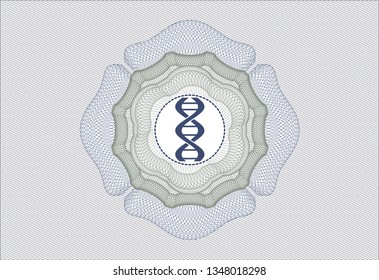 Blue and green passport style rosette with dna icon inside