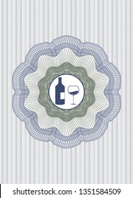 Blue and green passport style rosette with bottle and glass of wine icon inside