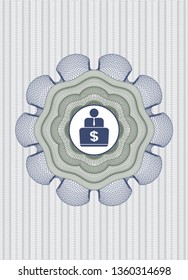Blue and green passport style rosette with man working on computer icon inside