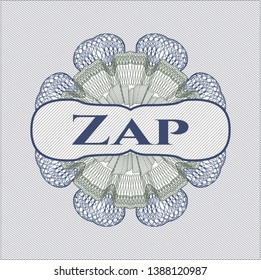 Blue and green passport style rosette with text Zap inside