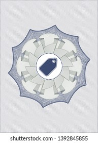 Blue and green passport style rosette with tag icon inside