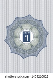 Blue and green passport style rosette with restaurant menu icon inside