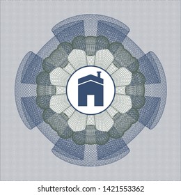 Blue and green passport style rosette with house icon inside