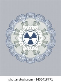 Blue and green passport style rosette with nuclear, radioactive icon inside
