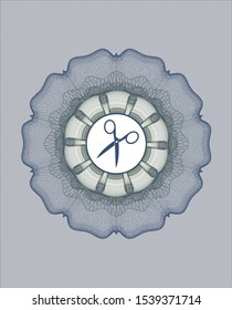 Blue and green passport style rosette with scissors icon inside