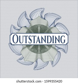 Blue and green passport style rosette with text Outstanding inside