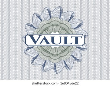 Blue and green passport style rosette with text Vault inside