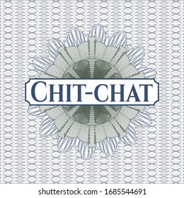 Blue and green passport style rosette with text Chit-chat inside