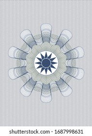 Blue and green passport style rosette with sun icon inside