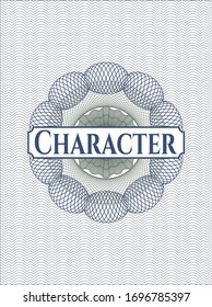 Blue and green passport style rosette with text Character inside