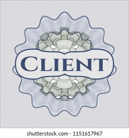 Blue and green passport style rossete with text Client inside