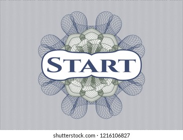Blue and green passport style rossete with text Start inside
