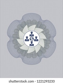 Blue and green passport style rossete with business teamwork and money icon inside